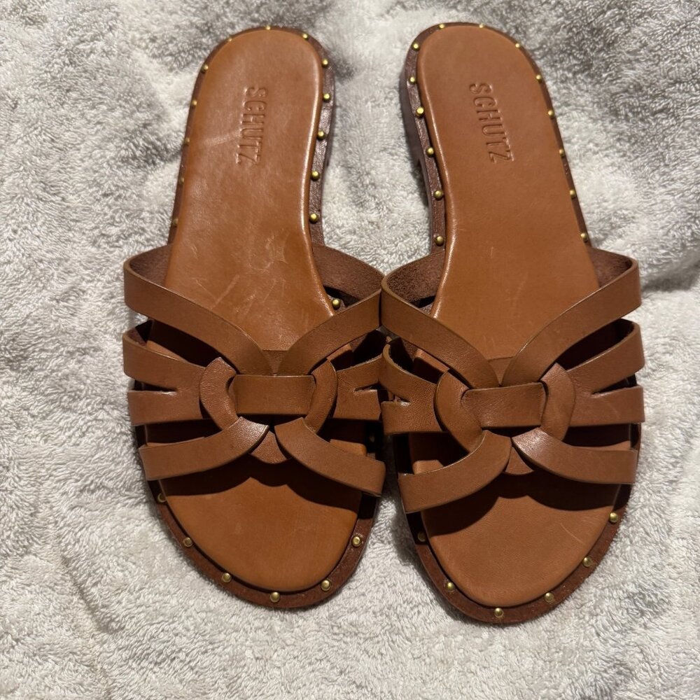 Schultz Phoenix Flat. Brown Leather. Size 8 tan brown slides slip on sandal trav